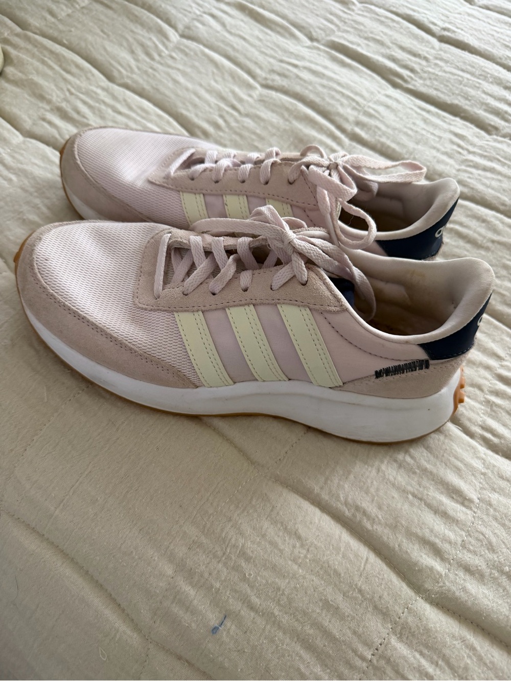 adidas Women's Pink Sneakers with Cream Stripes and Navy Heel